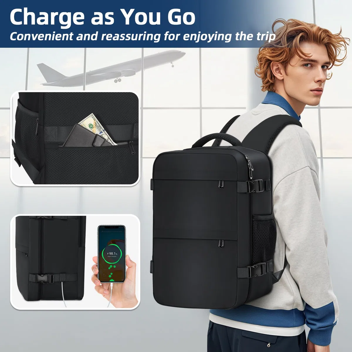 Zaino da Viaggio 24L 40x30x20 cm - Bagaglio a Mano Cabina per Ryanair, EasyJet - Zaino Porta PC 15,6", Leggero - Nero