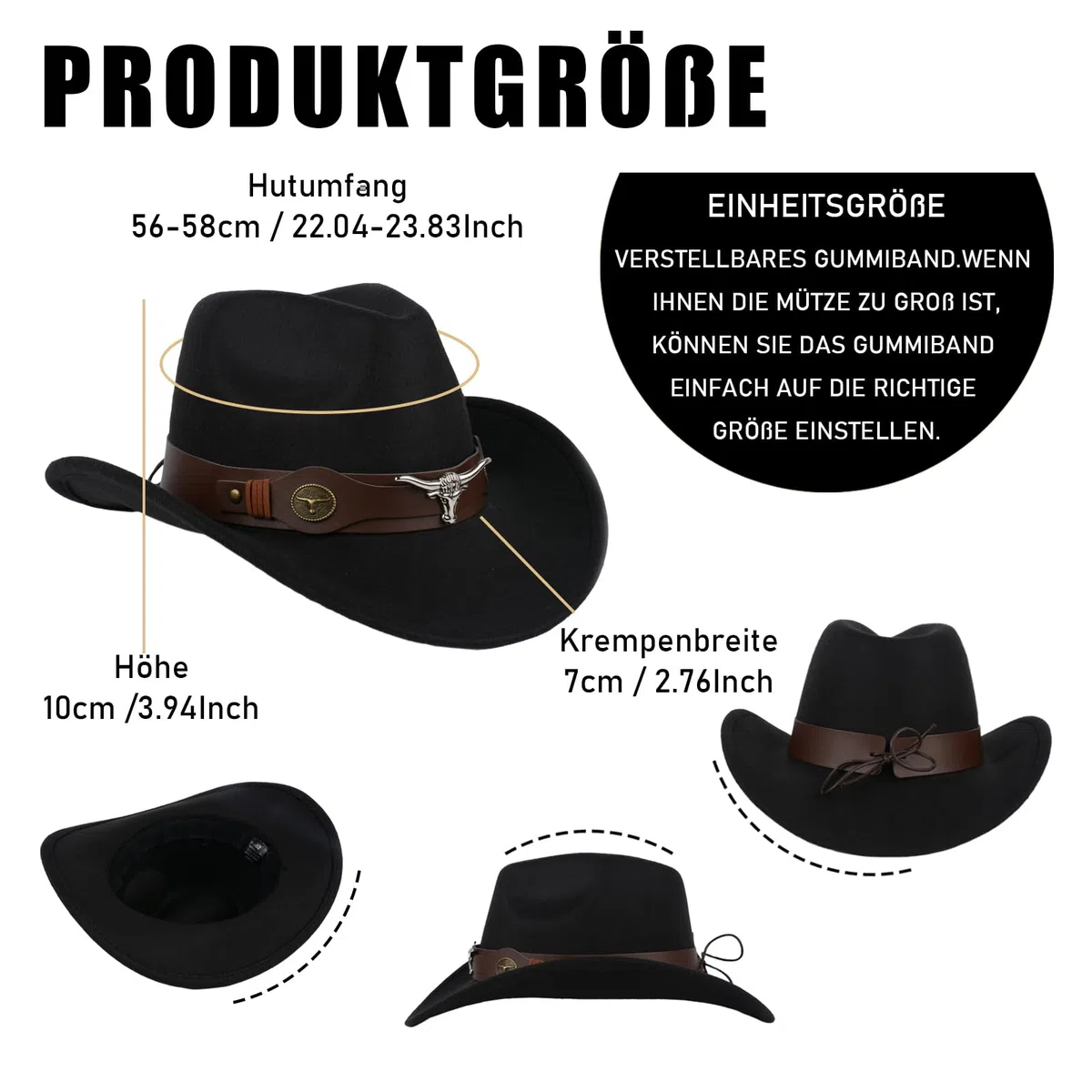 Cappello da cowboy Western Style da donna e uomo, in pelle con applicazione a testa di toro e cinturino regolabile (56-58 cm), cappello a tesa larga per festival, giardinaggio e feste a tema (nero