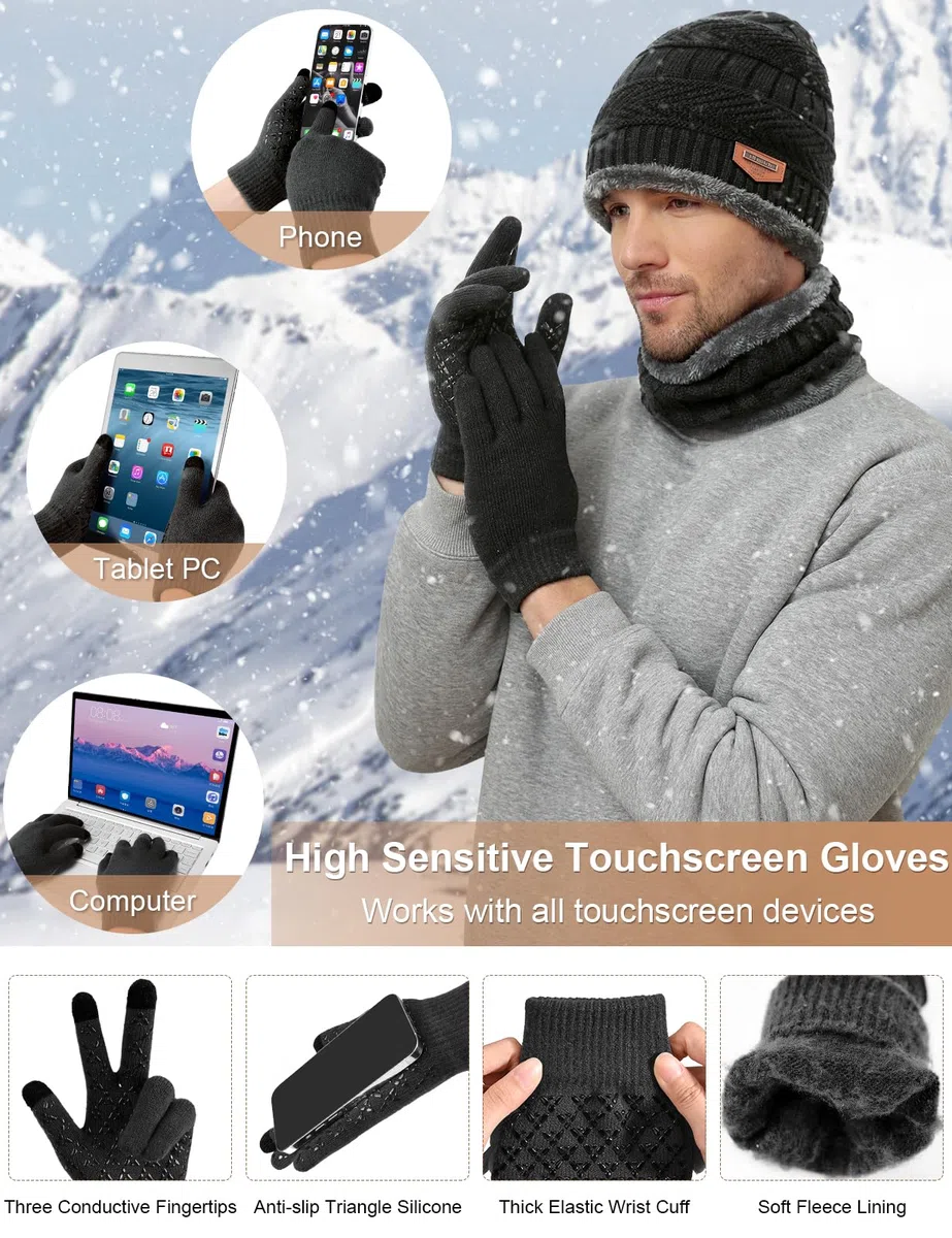 Xnova Cappello Sciarpa e Guanti Touch Screen Uomo con Scaldaorecchie e Calzini Invernale, Morbido Set Scaldacollo Berretto in Maglia 5 Pezzi Unisex, Caldo Cappelli Fodera Pile Invernali (Nero)