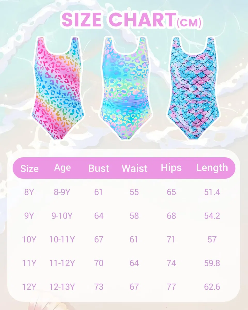 JiAmy Costume da bagno intero per ragazze, con motivo leopardato sfumato e sirena, elasticizzato, senza maniche, per bambine da 6 a 13 anni