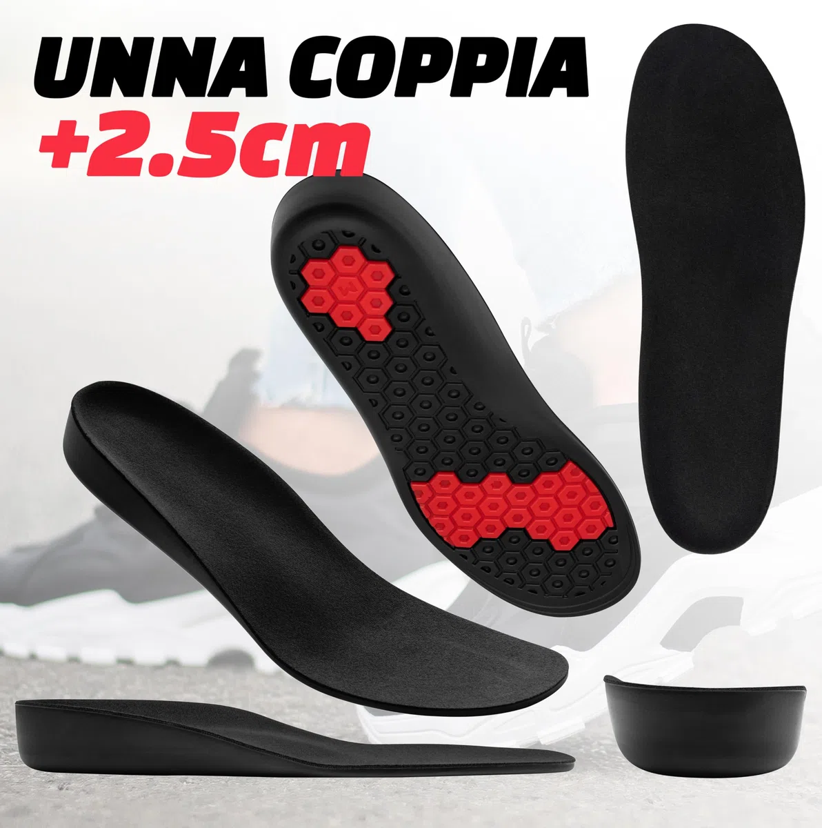 Solette rialzanti per uomo (+2,5 cm) – Tallonette regolabili, comode e ritagliabili per un aumento istantaneo dell'altezza. Rialzi per scarpe con inserti adattabili (43-45)