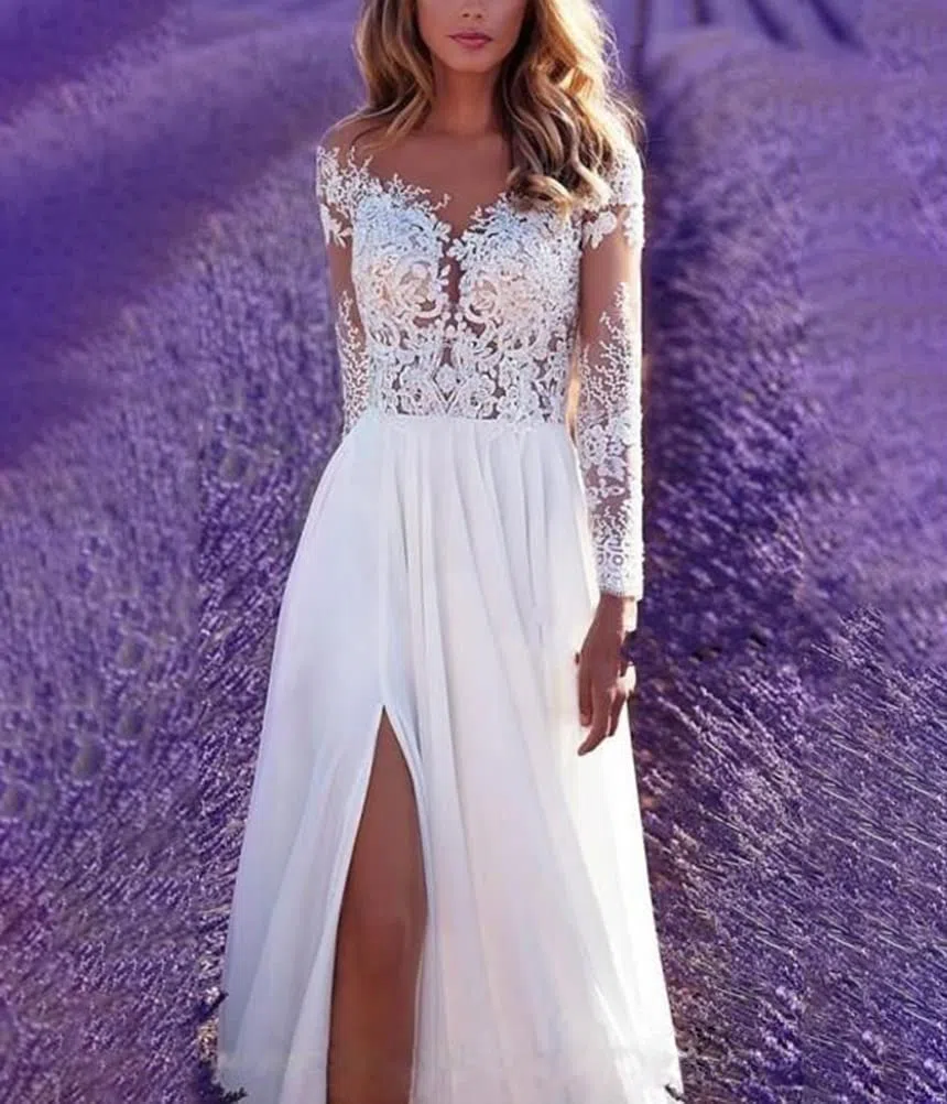 Onsoyours Abiti da Sposa Donna Elegante Senza Maniche Scollo a V Nuzial Abito con Spacco Pizzo Lungo Vestito