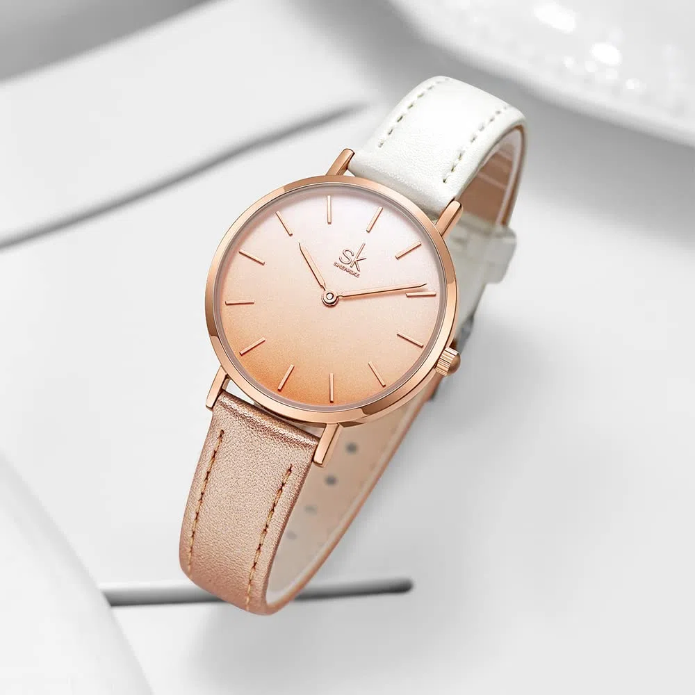 SHENGKE SK - Orologio da donna ultra sottile minialista, con cinturino in pelle, con due mani