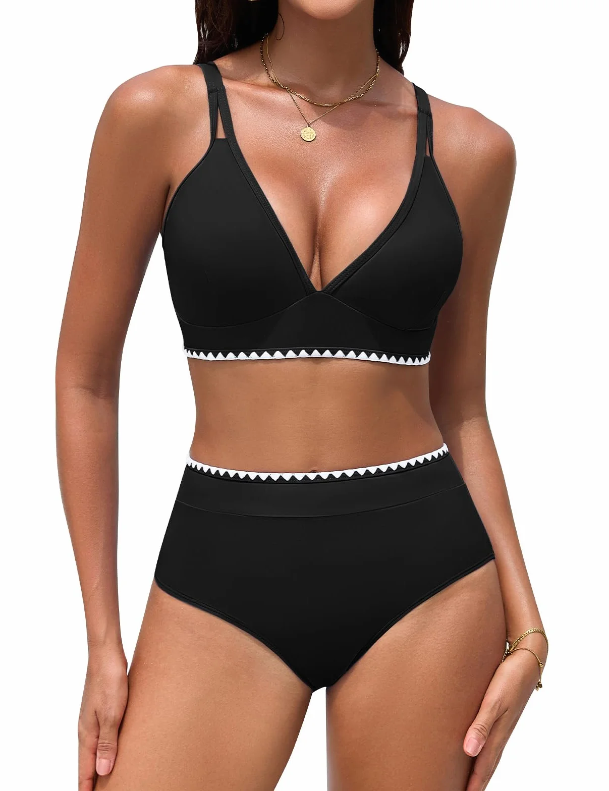 UMIPUBO Costume Donna Due Pezzi Vita Alta Bikini Collo A V Push Up Sexy Contenitivo Curvy Modellante con Coppe Dettagli A Conchiglia Mare Piscina Estivo Costume da Bagno