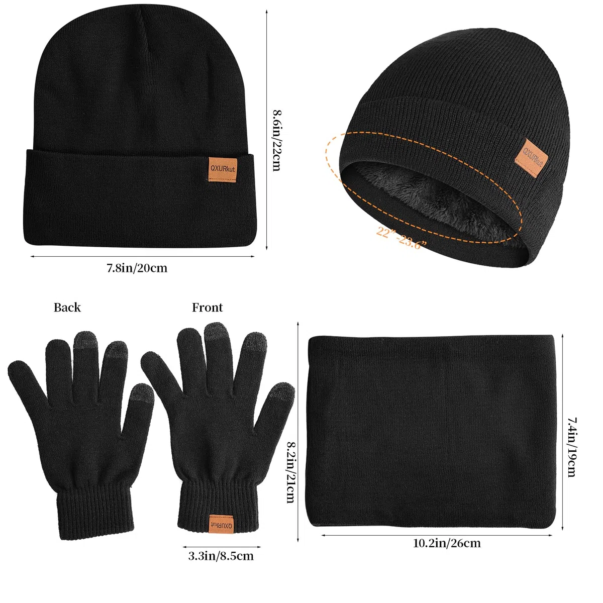 Cappello Sciarpa Guanti Set per Uomo Donna, Invernale Beanie Berretto in Maglia Scaldacollo Sciarpa con Fodera in Pile e Guanti Touch Screen (Nero)