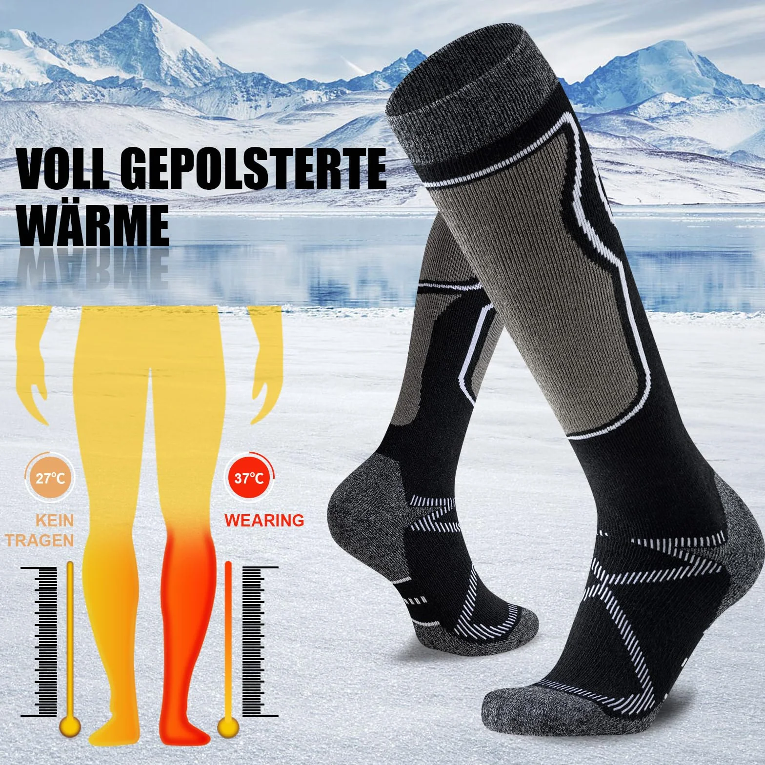 2 Paia Calze da Sci Uomo Donna Lana Merino Invernali, Spesse Termiche Traspiranti, Isolamento Termico Spugna Integrale, Outdoor Trekking