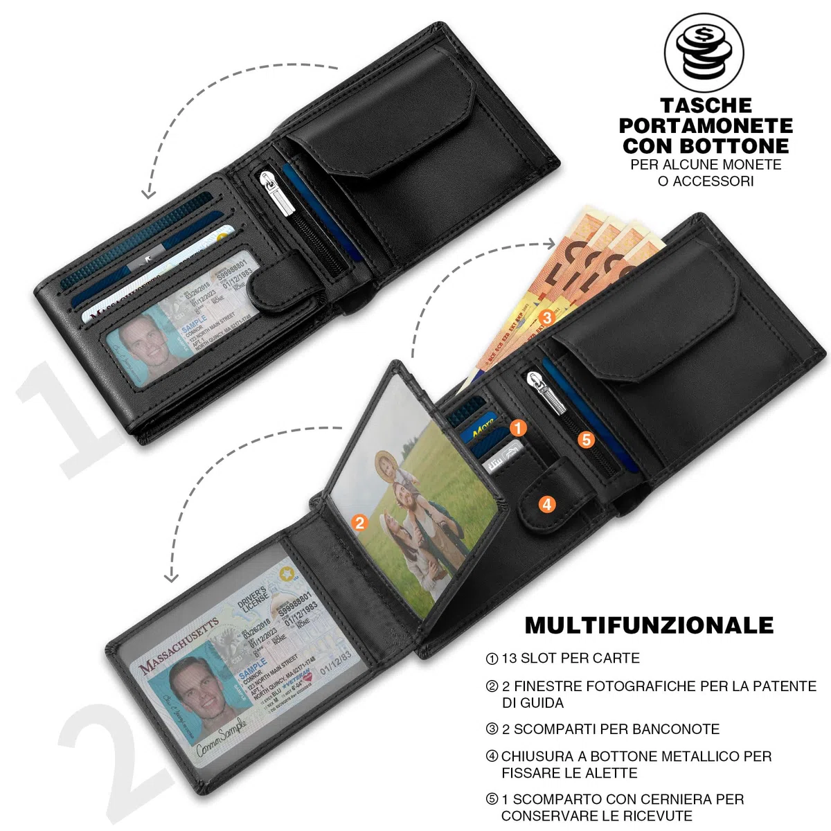 TEEHON Portafoglio Uomo RFID Blocking Portafoglio Uomo Slim Pelle in Microfibra con 13 Porta Carte di Credito Uomo, ID Window, Foto Window, Scomparti per Banconote, Confezione Regalo - Nero