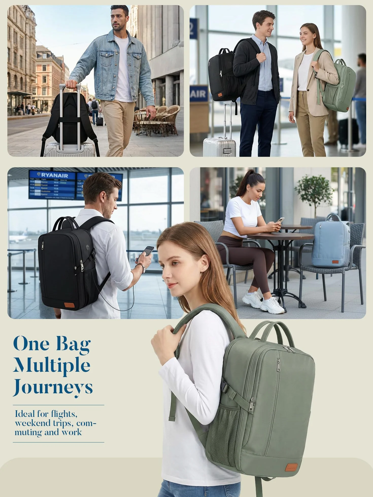 Zaino per Ryanair 40x30x20 Zaino da Viaggio 40x20x25 Aereo Bagaglio a Mano 45x36x20 Antifurto Borsa Zaini Porta Pc per Easyjet Wizz Air Vueling, con Portabottiglie D'acqua