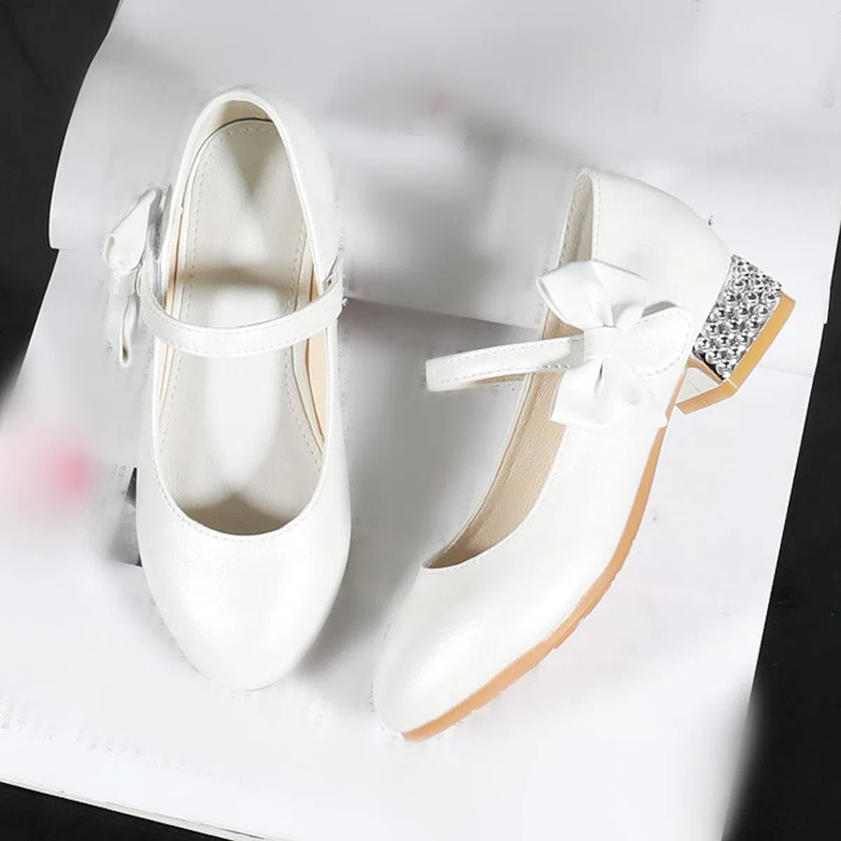 Scarpe da bambina per bambini, con tacco a spillo tinta unita, da principessa, con strass, scarpe da ballo, scarpe da sposa, scarpe da comunione carine ed eleganti