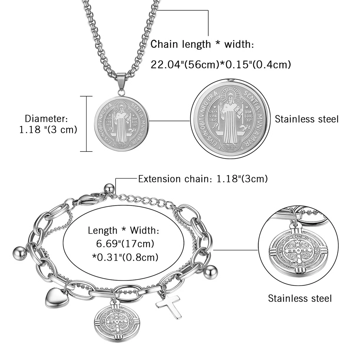 OIDEA Set di 2 braccialetti, collana con ciondolo a forma di medaglia, San Benedetto, croce medaglia, regolabile, in acciaio inox, argento, Acciaio inossidabile