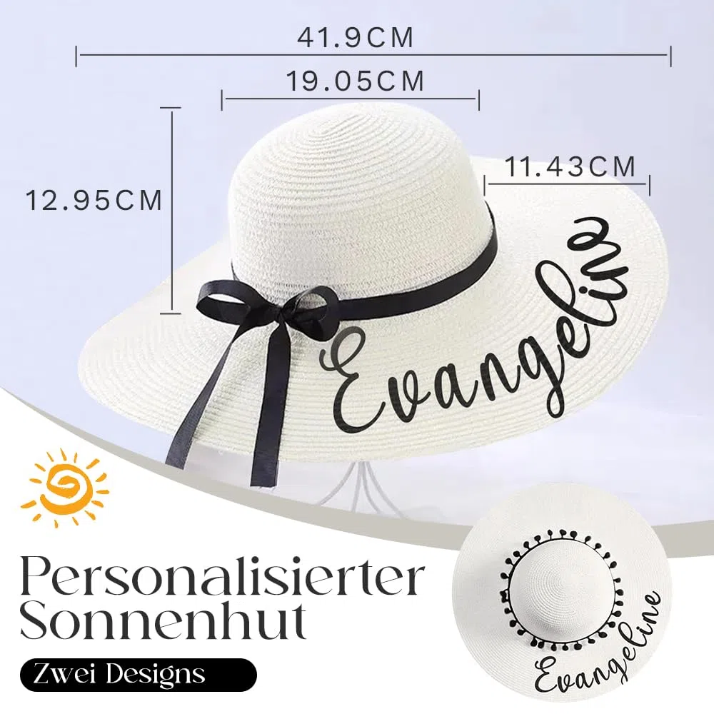 Cappello da sole da donna, con nome personalizzato, cappello di paglia pieghevole, protezione UV 50+, cappello fatto a mano, regalo per luna di miele/vacanza
