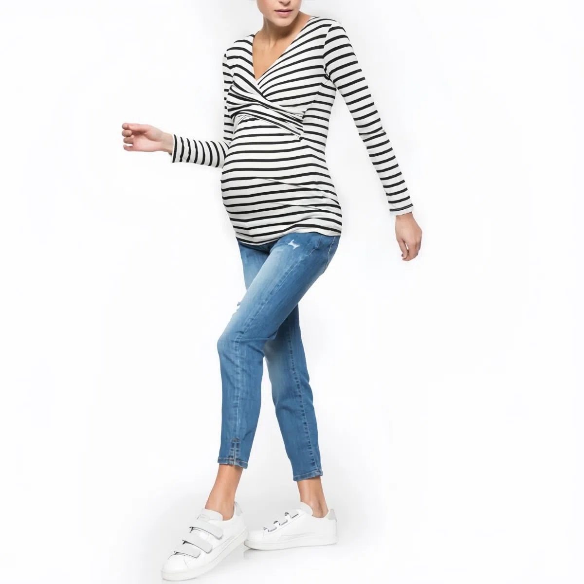 SamHeng Donne Manica Lunga Maternità Tops Allattamento T-Shirt Lift-up Allattamento Camicie Collo Rotondo Allattamento Top Strisce Gravidanza Vestiti