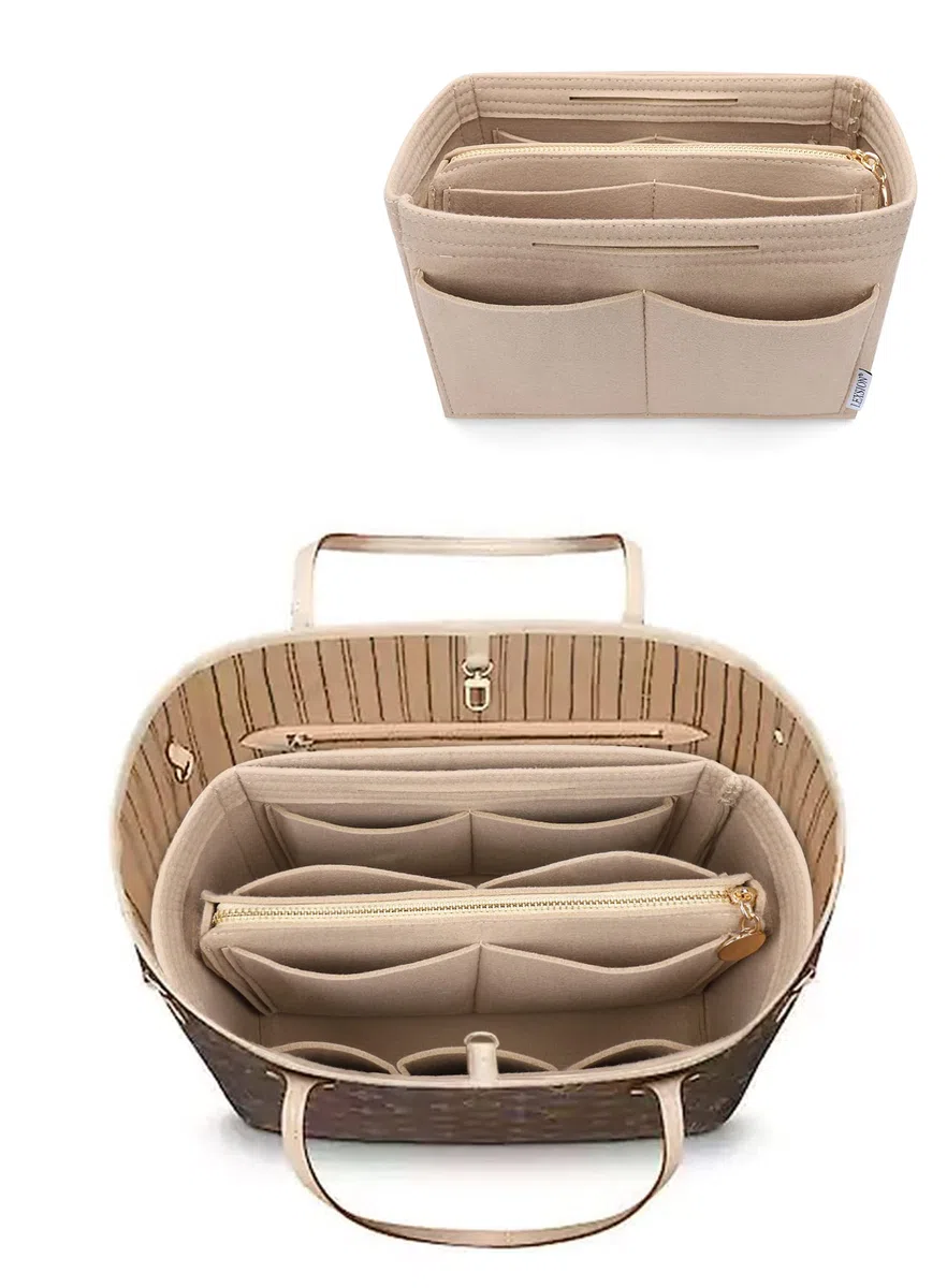 Feltro Borsa Organizer Inserto con cerniera Borsa Tote Shaper Fit Speedy Neverfull MM GM, Beige, Small
