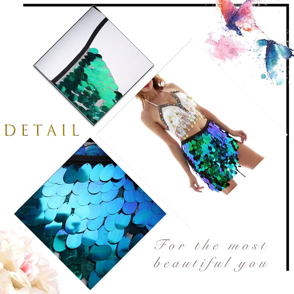 Gonna per danza del ventre, sopra il ginocchio, con paillettes, da sirena, da avvolgere ai fianchi, per rave, carnevale, costume da donna