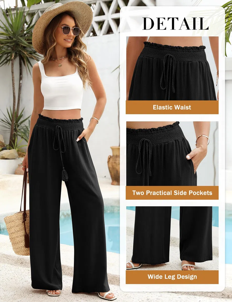 Pantaloni Donna Estivi Cotone e Lino Pantalone Elastico a Vita Alta Eleganti Pantaloni Comodi Loose Lounge Pantaloni da Spiaggia con Tasche