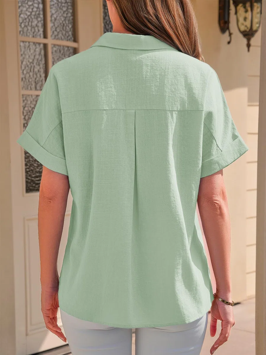 Cicy Bell Camicia estiva da donna, a maniche corte, in cotone, con scollo a V, casual, basic con tasca sul petto