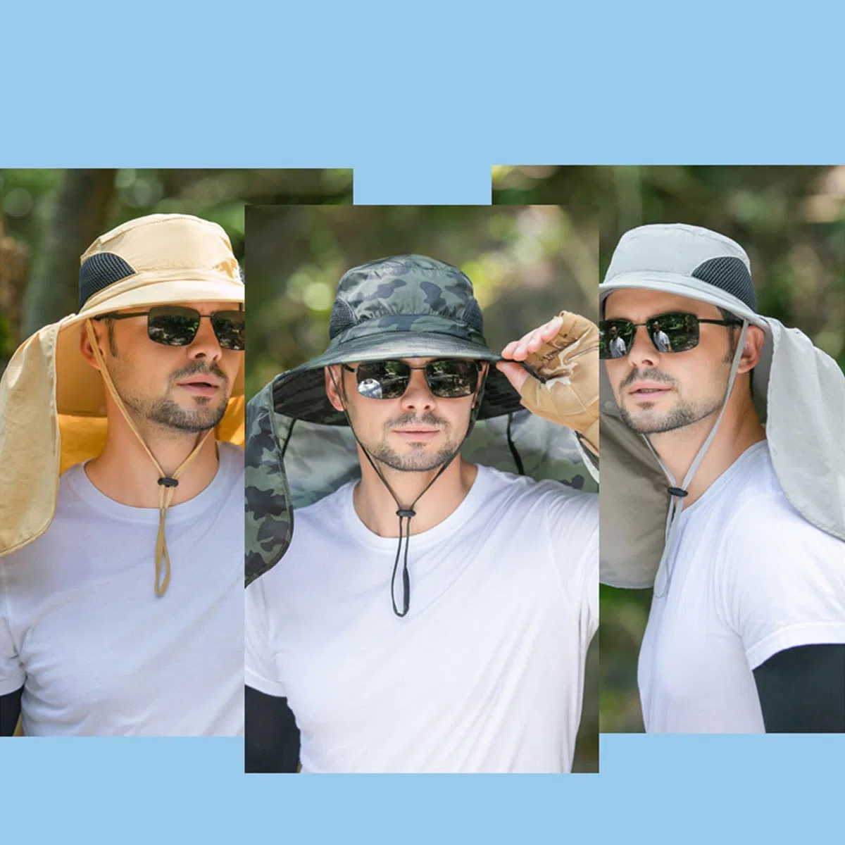 Cappello da sole a tesa larga da uomo, protezione UV con patta per il collo, cappello regolabile per pesca ed escursionismo all'aperto