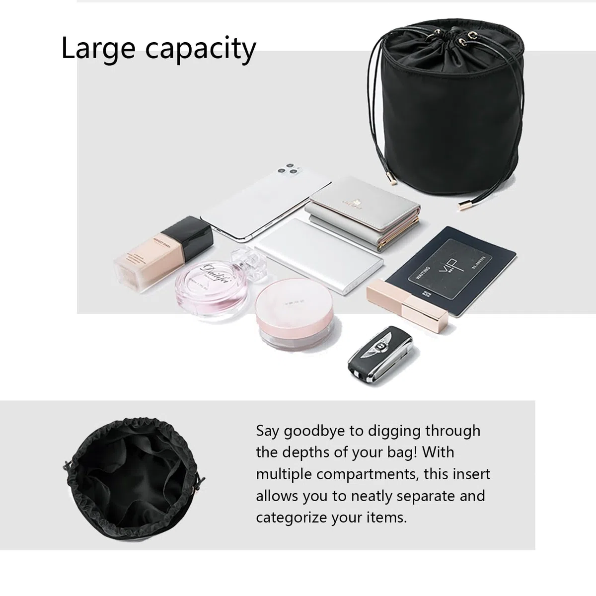 Organizer Alto da Donna in Tela, Rotondo per Borsetta e Cosmetici, Borsa per Trucchi (L, Nylon, Nero)