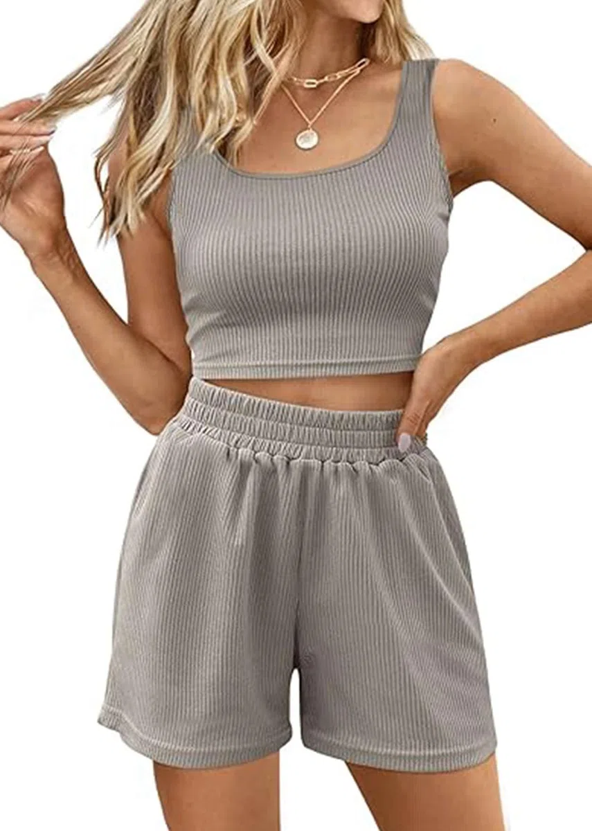 CheChury Tuta da Donna 2 Pezzi Estiva Abiti da Allenamento Set Tuta a Costine Palestra Corsa con Coulisse a Vita Alta Set con Tasche Sportivo Donna Completa Casual per Yoga Spiaggia Vacanza