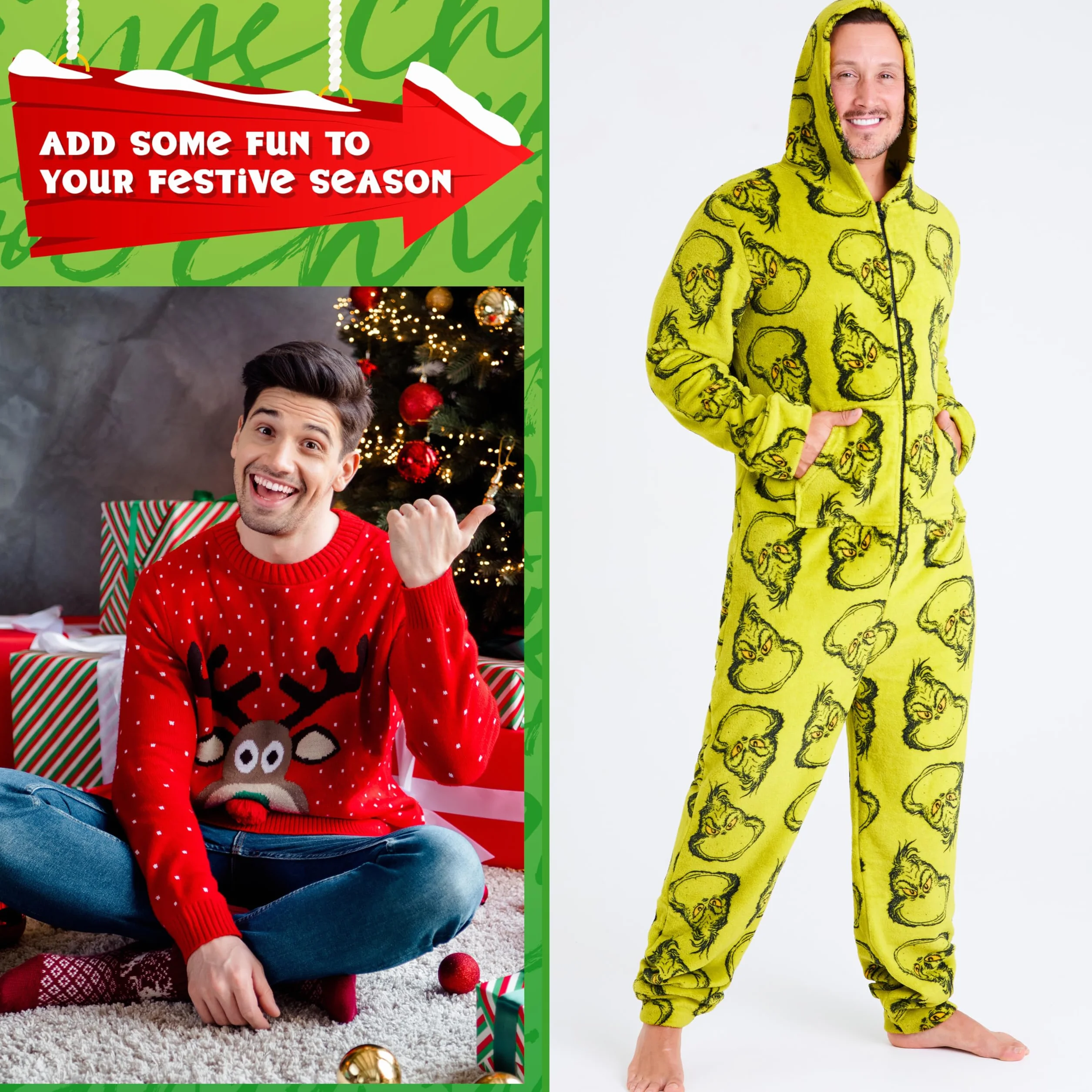 The Grinch Pigiama Intero Uomo con Cappuccio, Soffice Tuta Intera - Regalo Uomo e ADO