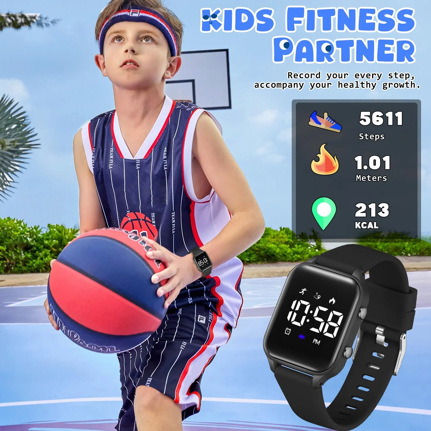 caprock Orologio digitale a LED per bambini, con contapassi, impermeabile fino a 50 atm, con calcolo della distanza/vibrazione, doppia sveglia/cronometro