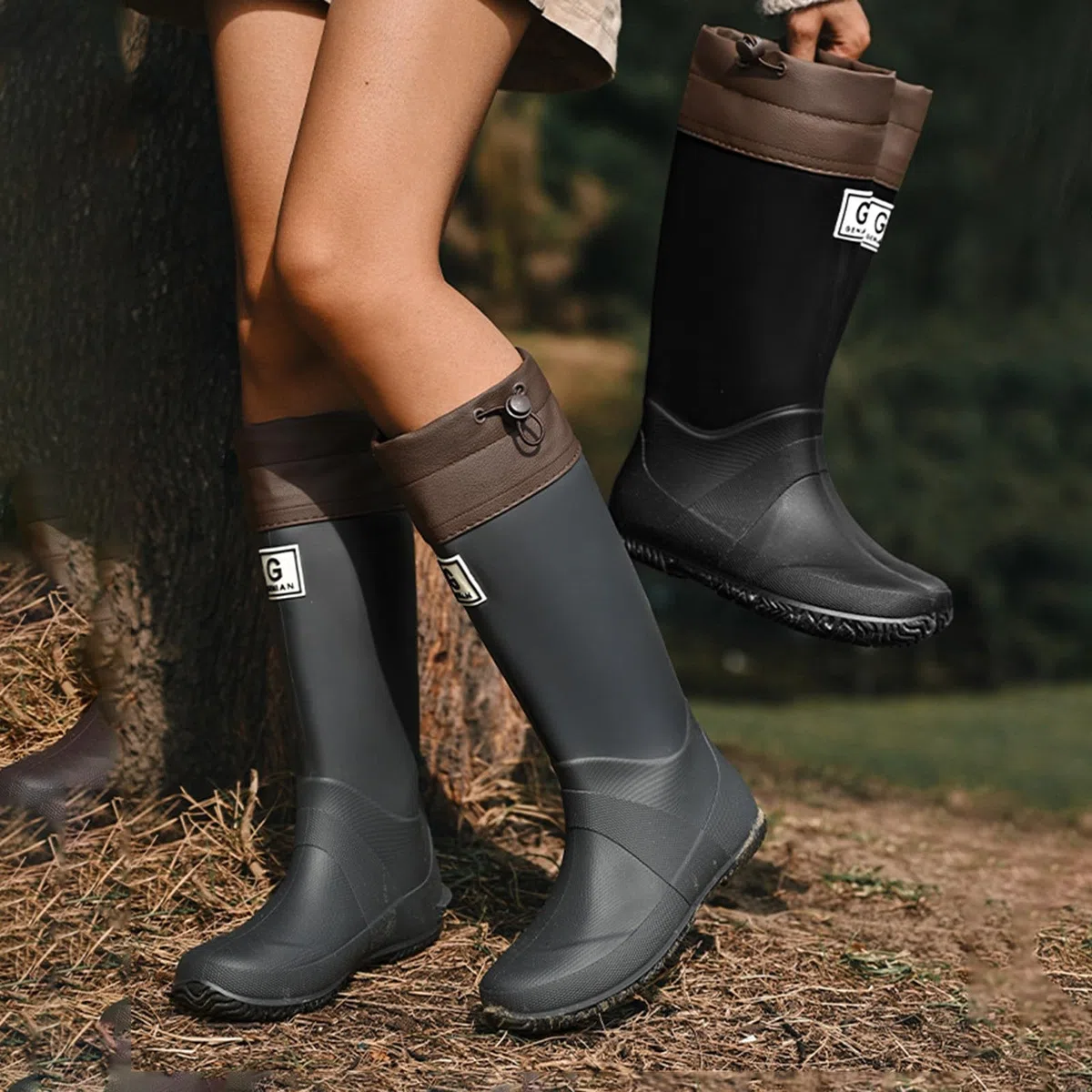 Stivali di gomma da donna alti pieghevoli, impermeabili, per pioggia, attività all'aperto, escursionismo, passeggiate con cani, scarpe da giardino, scarpe da pioggia, scarpe da acqua, Chelsea