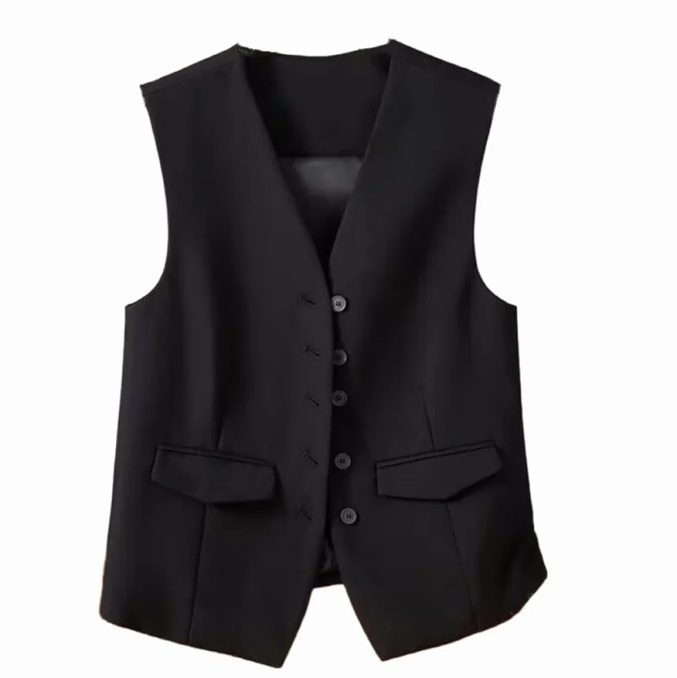 Gilet da donna, senza maniche, elegante e sottile, per lavoro e ufficio, stile retrò, scollo a V, colore nero, L, Nero