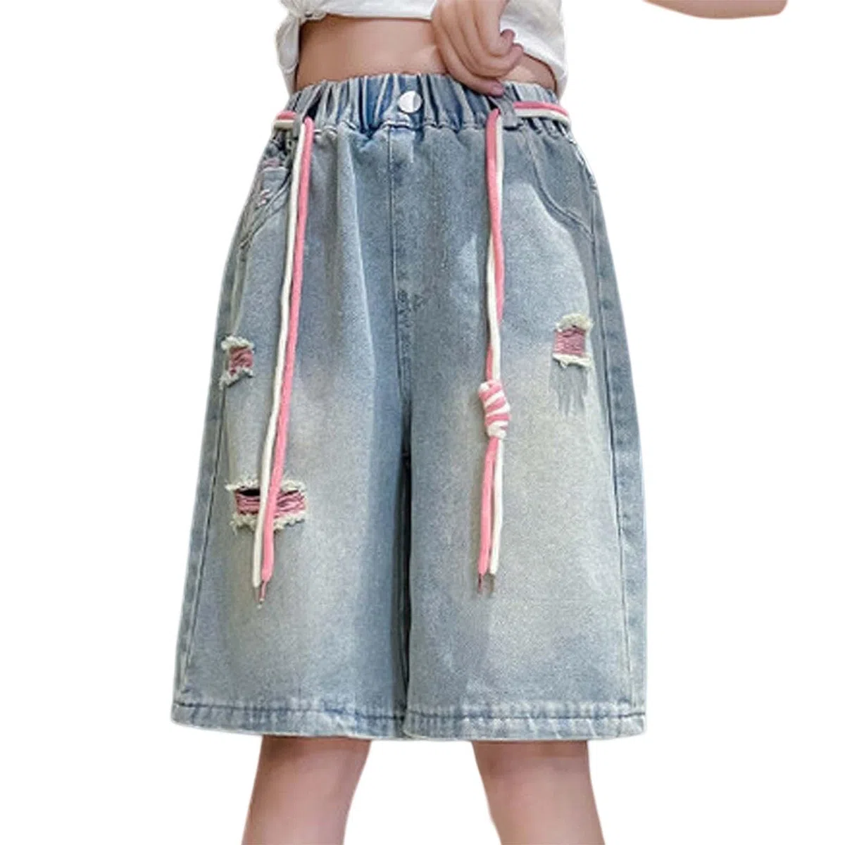 Pantaloncini Jeans Estivi Ragazze,Pantaloncini Corti da Ragazza con Elastico in Vita Tasche Lunghezza al Ginocchio Bambine Denim Shorts Estate Pantaloni Baggy per Bambini e Adolescenti, 3-16 Anni