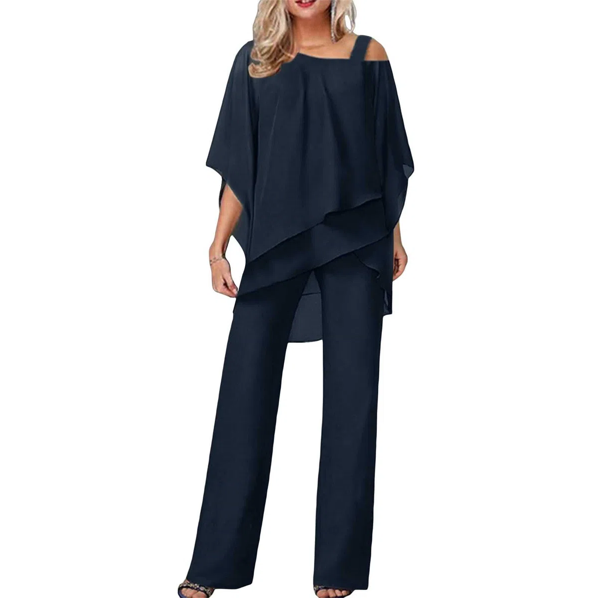 Generico Tuta Donna Elegante Cerimonia 2 Pezzi Completi di Pantaloni a Gamba Larga Moda Vestito Casual Completi Comode Tinta Unita Set Completo Curvy Playsuit Chic per Matrimoni e Feste