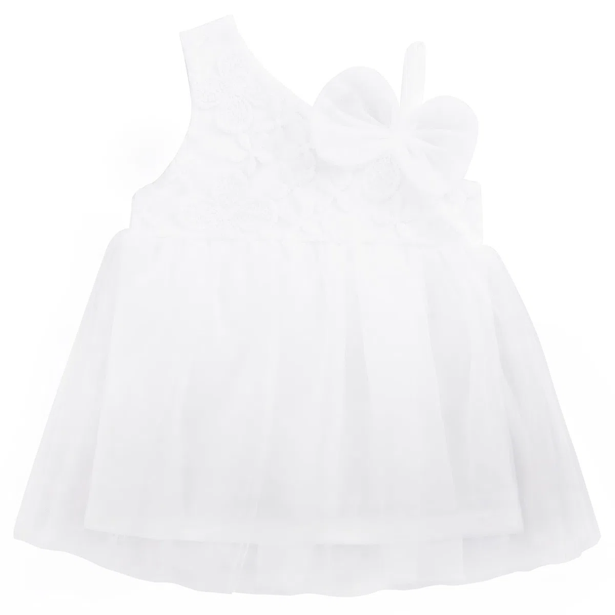 Neonato Bambina Morbido Cotone Abito in Tulle Abito in Pizzo Abiti da Principessa Estivi Monospalla Senza Maniche con Ricamo di Fiori a Fiocco - Bianco Tinta Unita per 0-24 Mesi