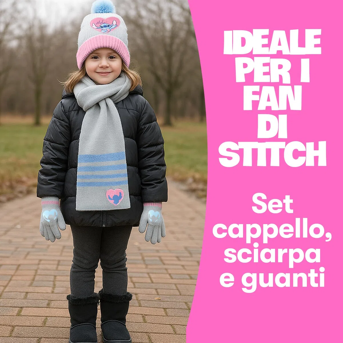 Set invernale Stitch per bambina – Cappello, sciarpa e guanti Disney – Accessori caldi e morbidi – Idea regalo per le fan di Stitch