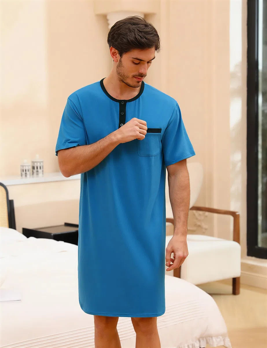 Uniexcosm Camicia da Notte da Uomo in Cotone Pigiama da Uomo Girocollo con Bottoni Pigiama Comoda Maniche Corte Girocollo, Tinta Unita Sottile