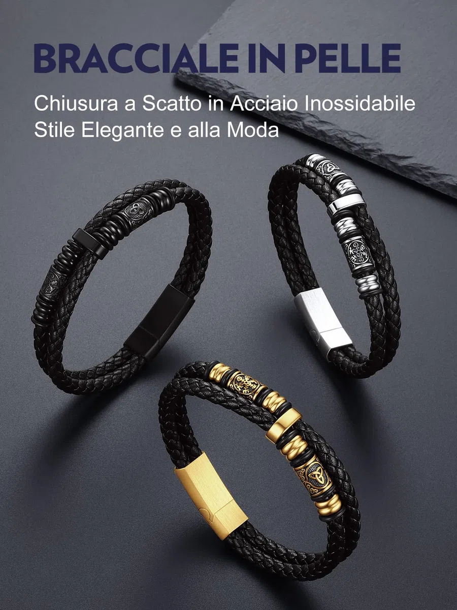 Bandmax Bracciale Uomo Pelle Cuoio Intrecciata con Chiusura Magnetica in Acciaio Inossidabile, Argento/Oro/Nero Braccialetto Uomo Personalizzato con Bussola Vichingo, Idee Regalo Uomo Papà Ragazzo