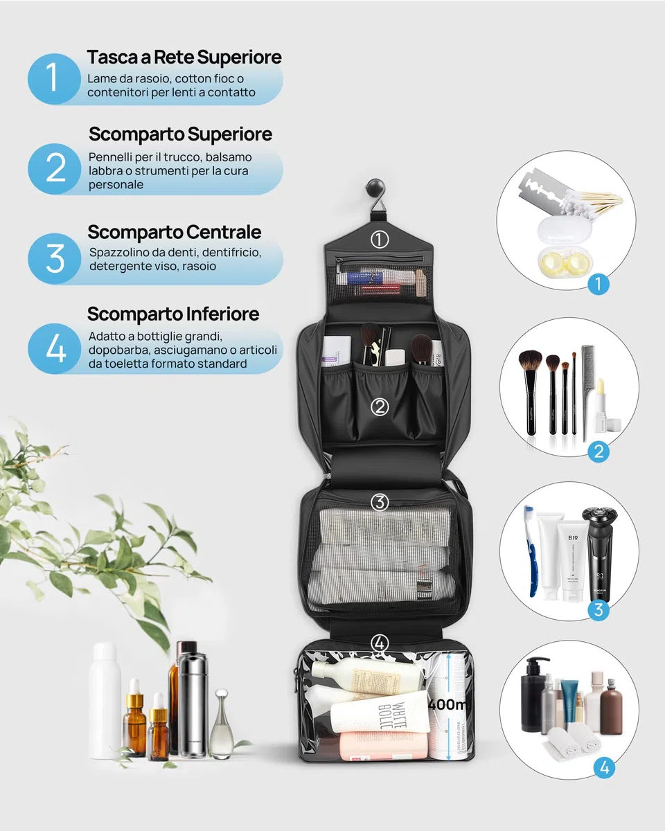Beauty Case da Viaggio, Borsa da Toilette per Donna Uomo Beauty Case Grande Impermeabile, Gancio in Metallo per Appendere, idee regalo natale 2025 (Nero)