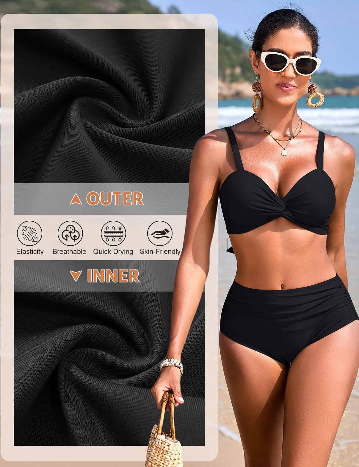 Costume Donna Due Pezzi Vita Alta Controllo Addominale Bikini Sexy Scollo a V Push Up Costumi Design alla Moda con Blocchi di Colore Piscina e Spiaggia
