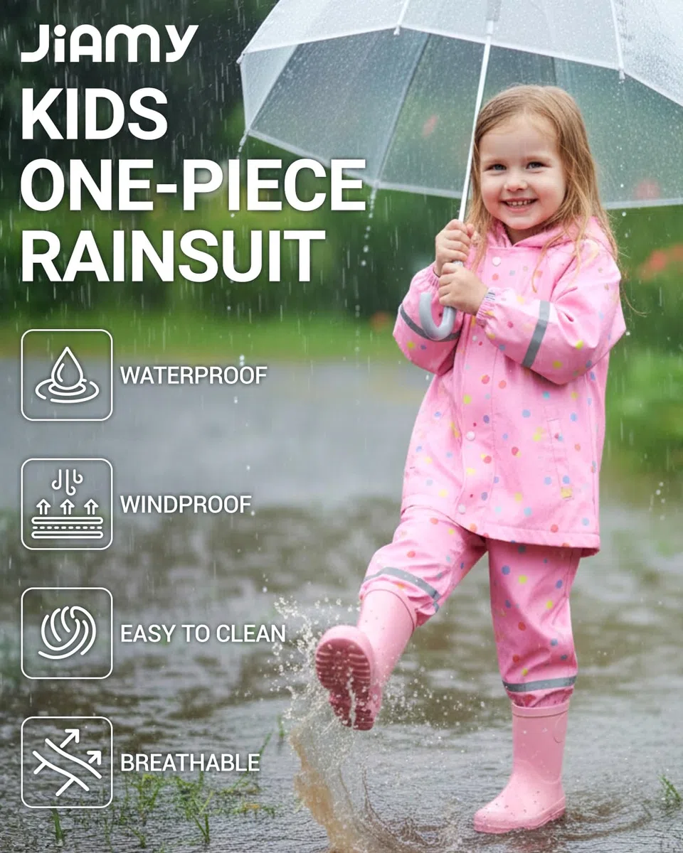 JiAmy Tuta Impermeabile Bambino e Bambina (2 Pezzi), Set Pioggia con Giacca e Pantaloni, Impermeabile Bambino con Cappuccio Trasparente & Bande Riflettenti per Scuola e Asilo (1-8 Anni)