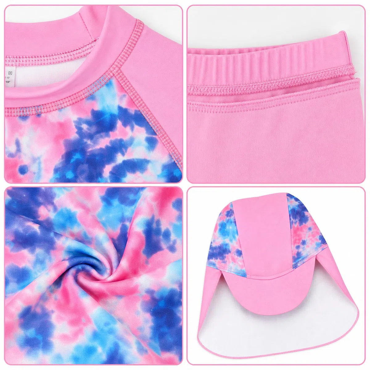 Costume da bagno per ragazze, 3 pezzi, a maniche lunghe, protezione dai raggi UV, maglia con pantaloni corti e cuffia da nuoto, 4-9 anni