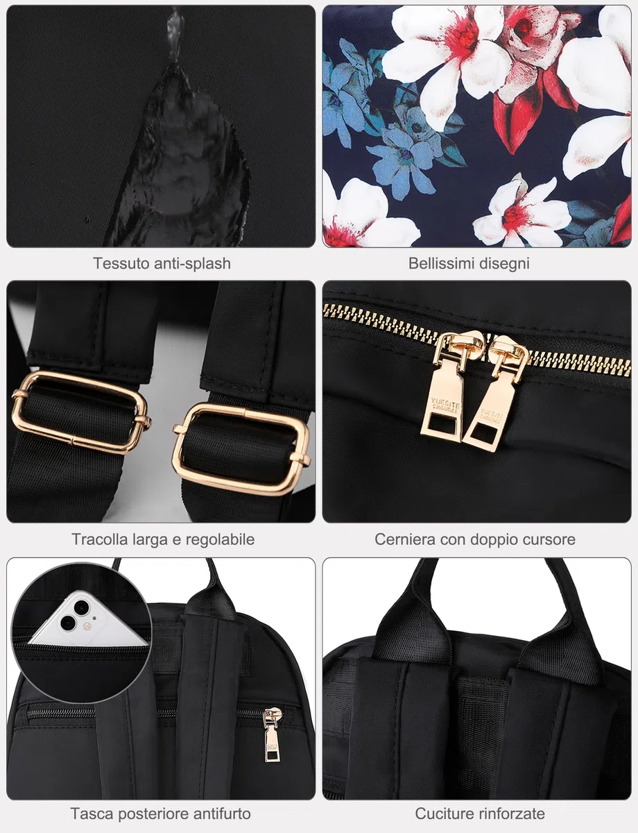 Zaino Donna Elegante Zainetto Viaggio Borsa a Spalla Borse Casual Multi-tasche con Tessuto Leggero impermeabile Tasca antifurto con Disegno Fantasia km34