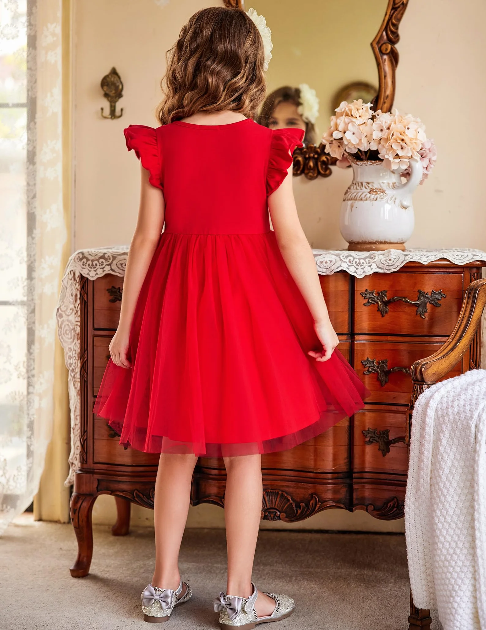Arshiner Abiti da Bambina Abito in Tulle per Bambini Maniche Volanti Abito da Principessa Abito Festivo tutù Abito per Bambini Abito da Festa in Cotone Compleanno Matrimonio Abito Estivo 2-7 Anni