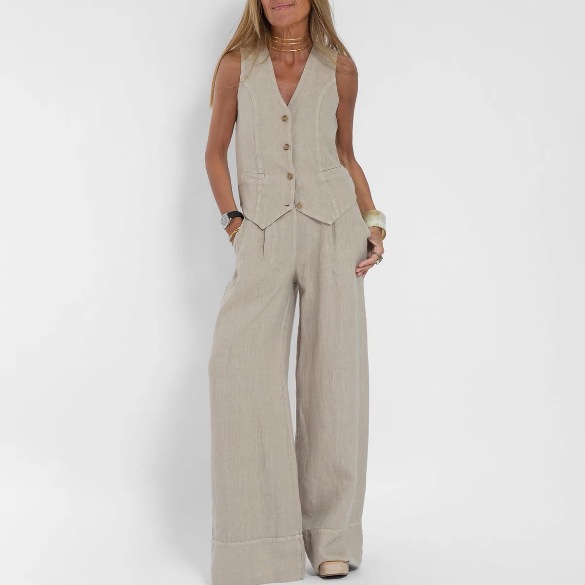 Set gilet e pantaloni da donna, in cotone e lino, con bottoni, senza maniche, blazer a gamba larga, set di pantaloni da lavoro