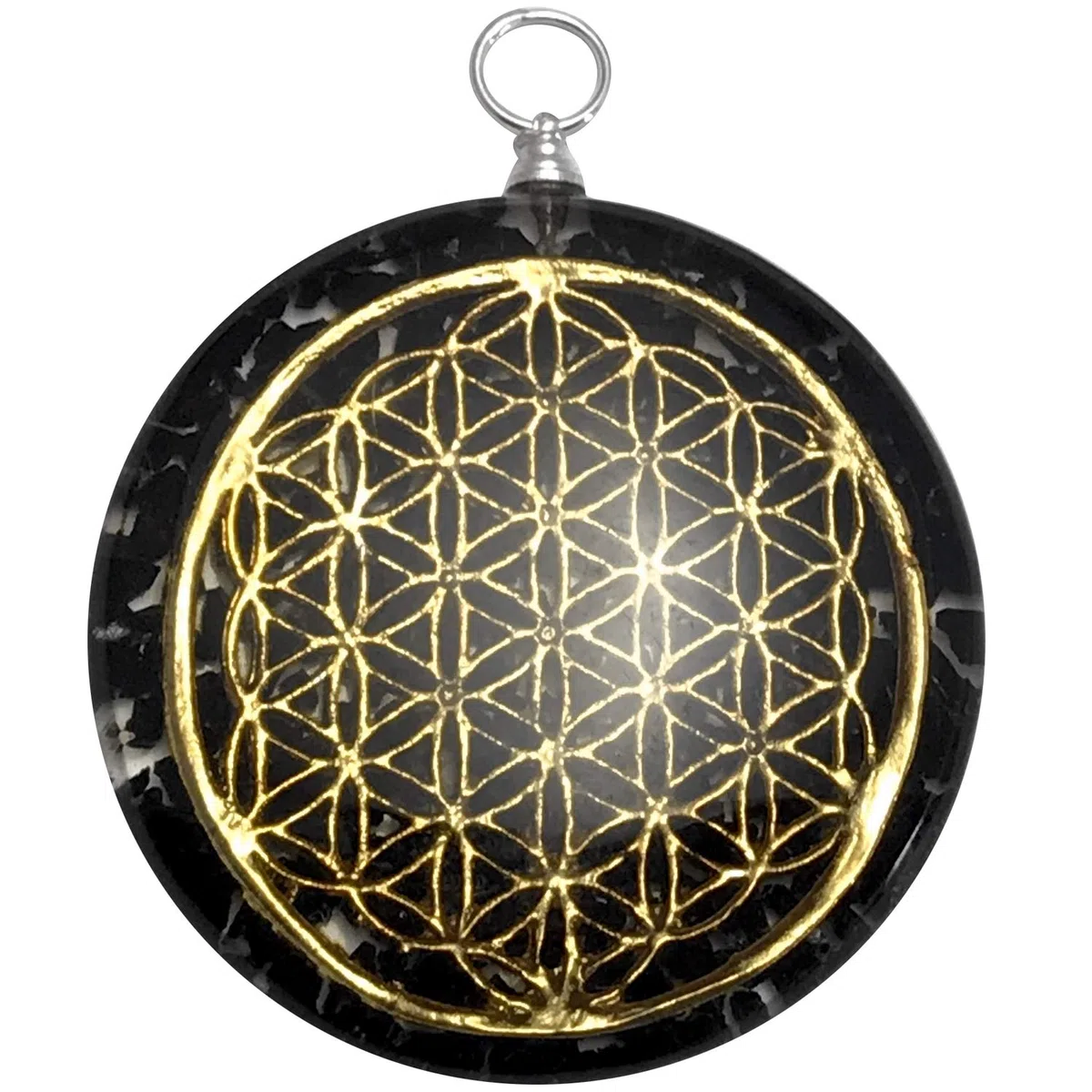 Ciondolo in orgonite, collana con cristalli con simbolo fiore della vita e collare e borsa, protezione MF, ciondolo a forma di Reiki, colore: Black Tourmaline (Schwarz), cod. CHO-000002-2019