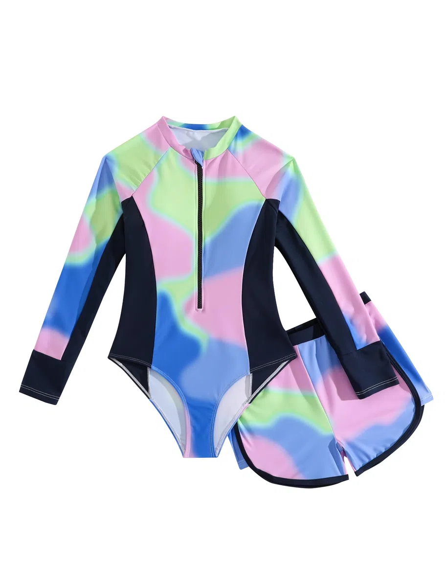 JiAmy Costume da Bagno Ragazza 2 Pezzi - Maglia Manica Lunga Anti-UV con Pantaloncini, Stampa Tie-Dye per Adolescenti 8-13 Anni