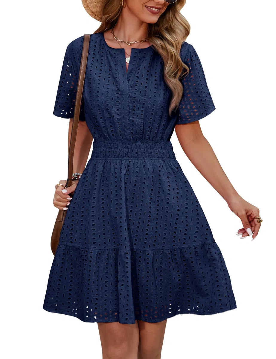 Svanco Vestito Donna in Cotone, Abito Estivo Donna Elegante con Scollo a V e Motivo Traforato, Abito Cerimonia Donna per Matrimonio in Spiaggia, Casual, Feste e Vita Quotidiana