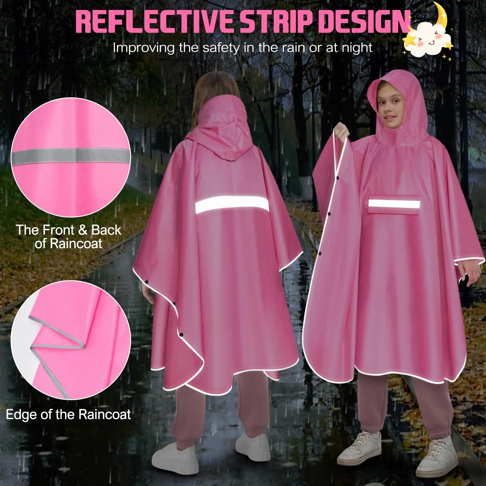 Mantella Antipioggia Bambino Leggero Poncho Antipioggia Bambino Impermeabile Con Strisce Riflettenti Unisex Poncho Antipioggia Per Ragazze E Ragazzi 120-160cm