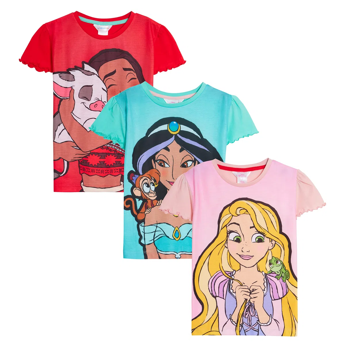 Disney Ragazze Set di 3 t-Shirt Princess T-Shirt Bambini Jasmine Moana Rapunzel Top da Travestimento a Maniche Corte