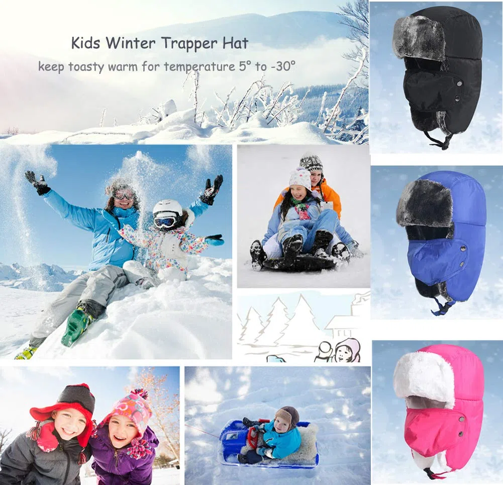 Cappello Invernale Unisex per Bambini dai 5 ai 15 Anni, Foderato in Pelliccia Termica con Aletta per Le Orecchie, Antivento, Copertura per la Bocca, Neve, Sci, Snowboard, Bomber, Bambino, Nero