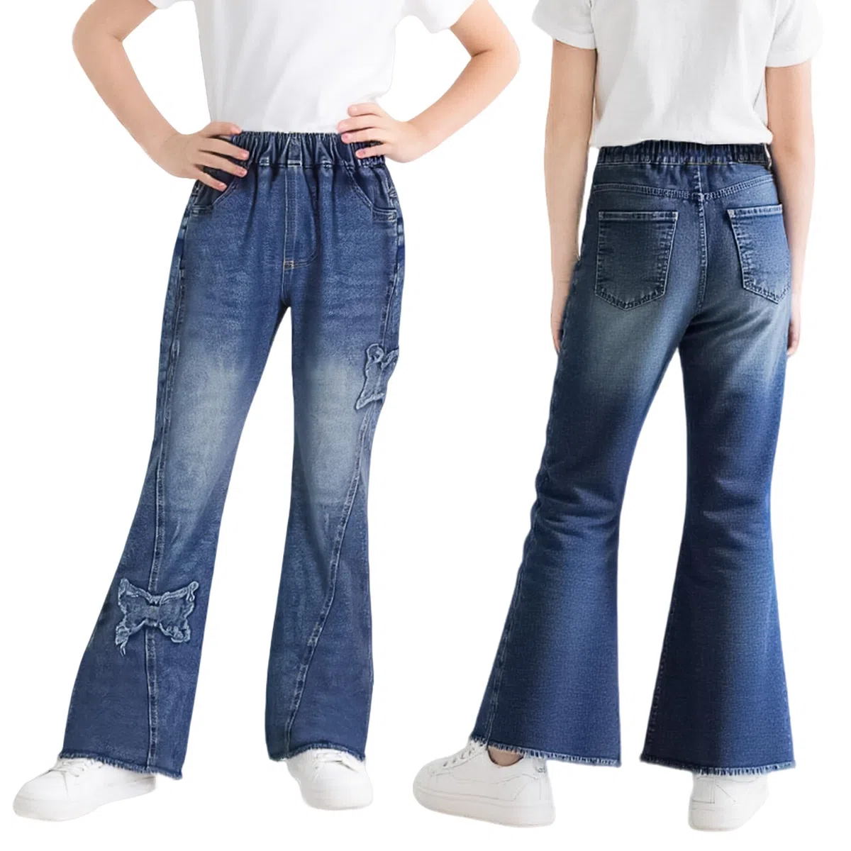 Ragazze Flared Jeans, Larghi Denim Pantaloni Bambina Baggy Gamba Larga Elasticizzati Vita Alta Lunghi Jean Ragazza Loose Fit Casual Pants Moda Streetwear, 6-15 Anni