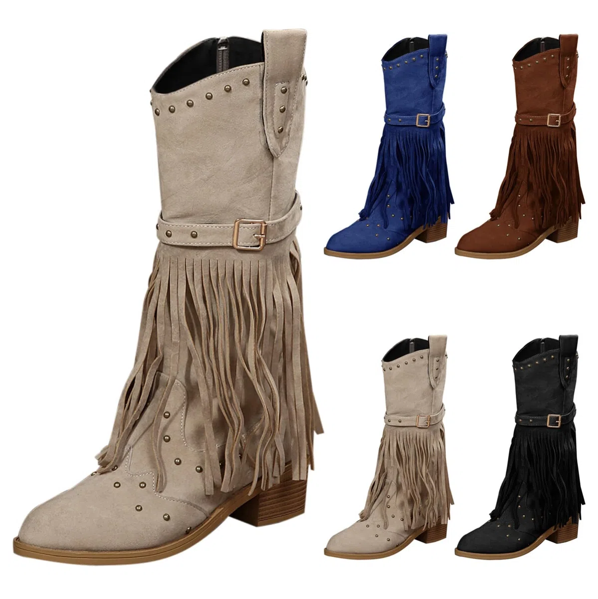 Generisch Stivali da cowboy, da donna, a gambo lungo, con chiusura lampo, stile retrò, per le mezze stagioni, con frange, 35-43 EU