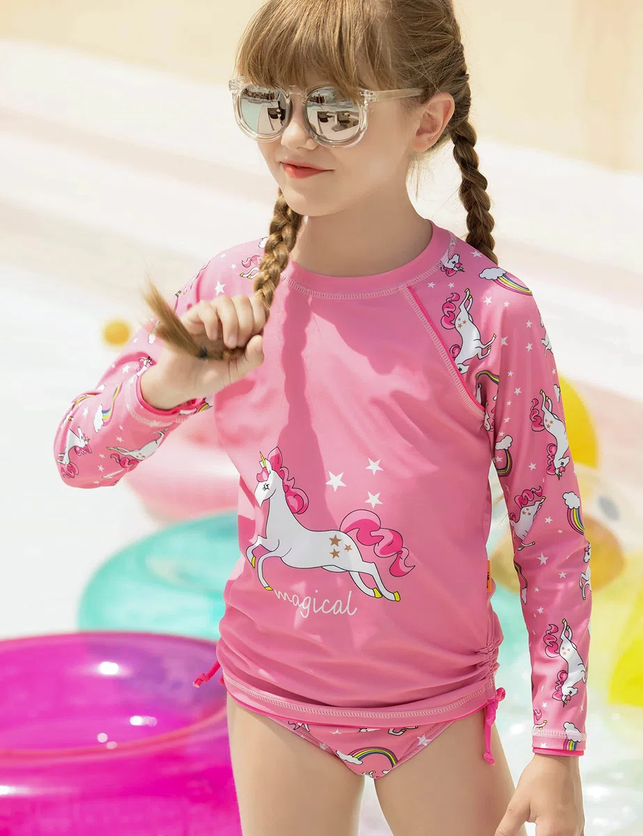 weVSwe Costume da Bagno per Ragazze 2 Pezzi Rash Guard per Bambini Costumi da Bagno A Maniche Lunghe UPF 50+ Protezione Bow-Knot