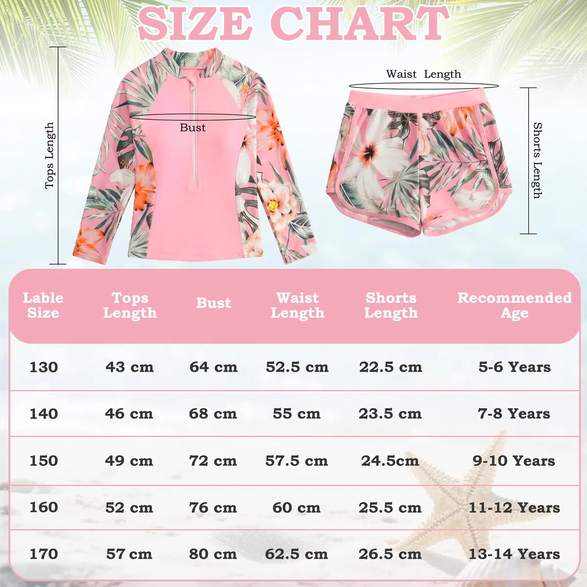 Costume da Bagno Ragazze 2 Pezzi Manica Lunga Rash Guard Protezione Solare, Stampa Floreale Top con Zip e Pantaloncini Morbidi, Costume Piscina Spiaggia Nuoto Bambina per 5-11 Anni